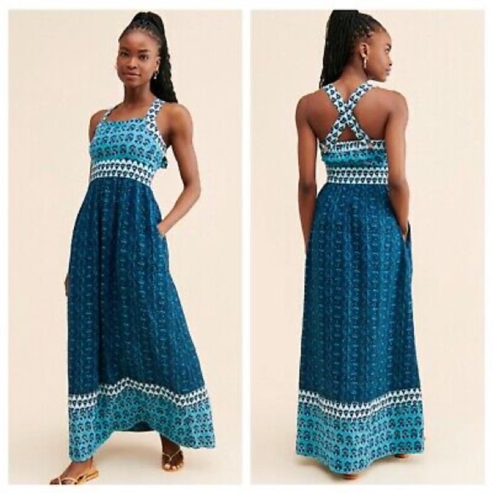 Faherty Gracie 100% Linen Maxi Dress in Blue Bali Bloom - Size S